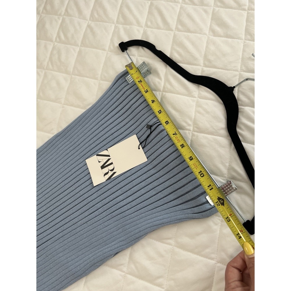 ZARA Ribbed Knit Tube Midi Dress Blue Strapless Bodycon Minimalist Fitted Chic S - Picture 7 of 8